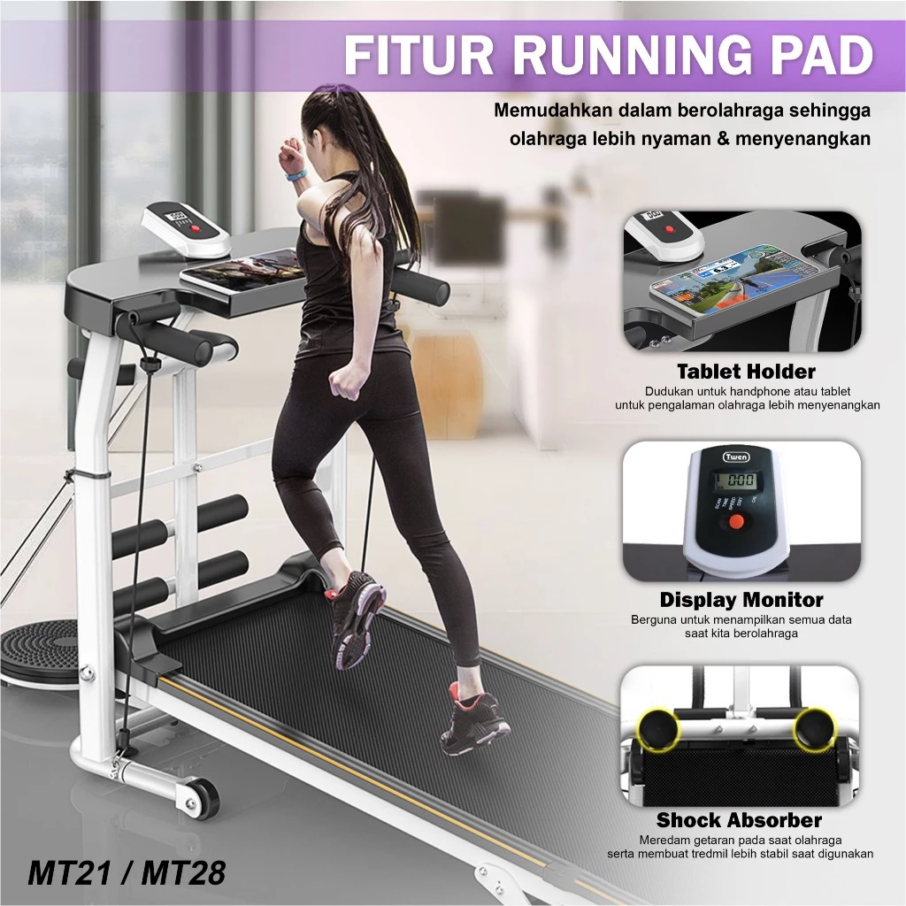 TWEN MT28 Putih Treadmill Manual Tanpa Listrik Gambar produk 4