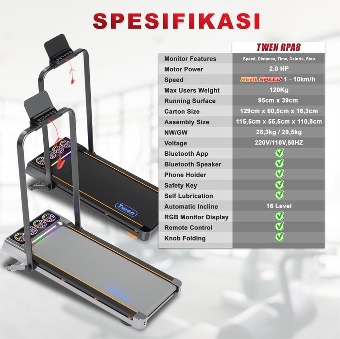 TWEN RPA8 Hitam Running Pad Treadmill Listrik Gambar produk 8