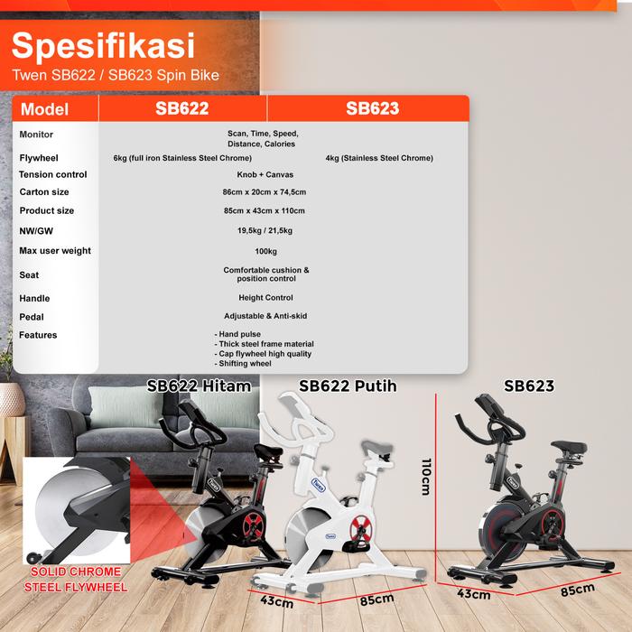 Twen SB622 Spinning Bike Kardio Alat Fitness - SB622 New Black Gambar produk 7