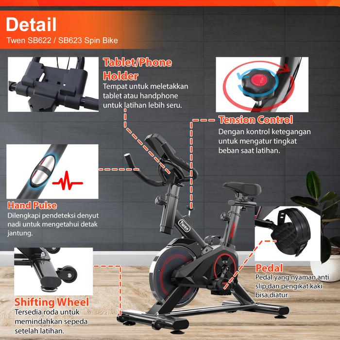 Twen SB622 Spinning Bike Kardio Alat Fitness - SB622 New Black Gambar produk 2