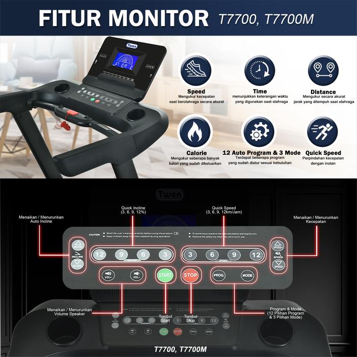 TWEN T7700M Treadmill Listrik Multifungsi Gambar produk 8