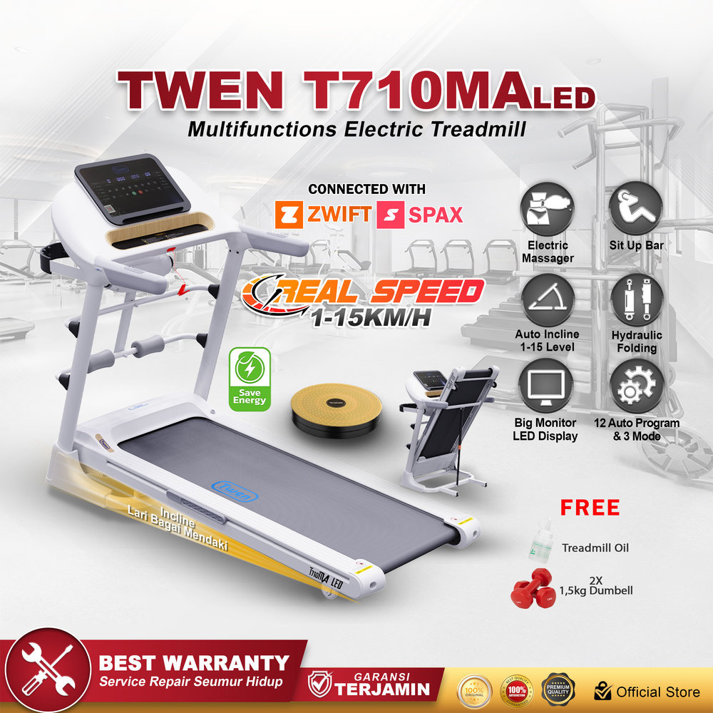 TWEN T7010MA LED Putih Treadmill Listrik Multifungsi